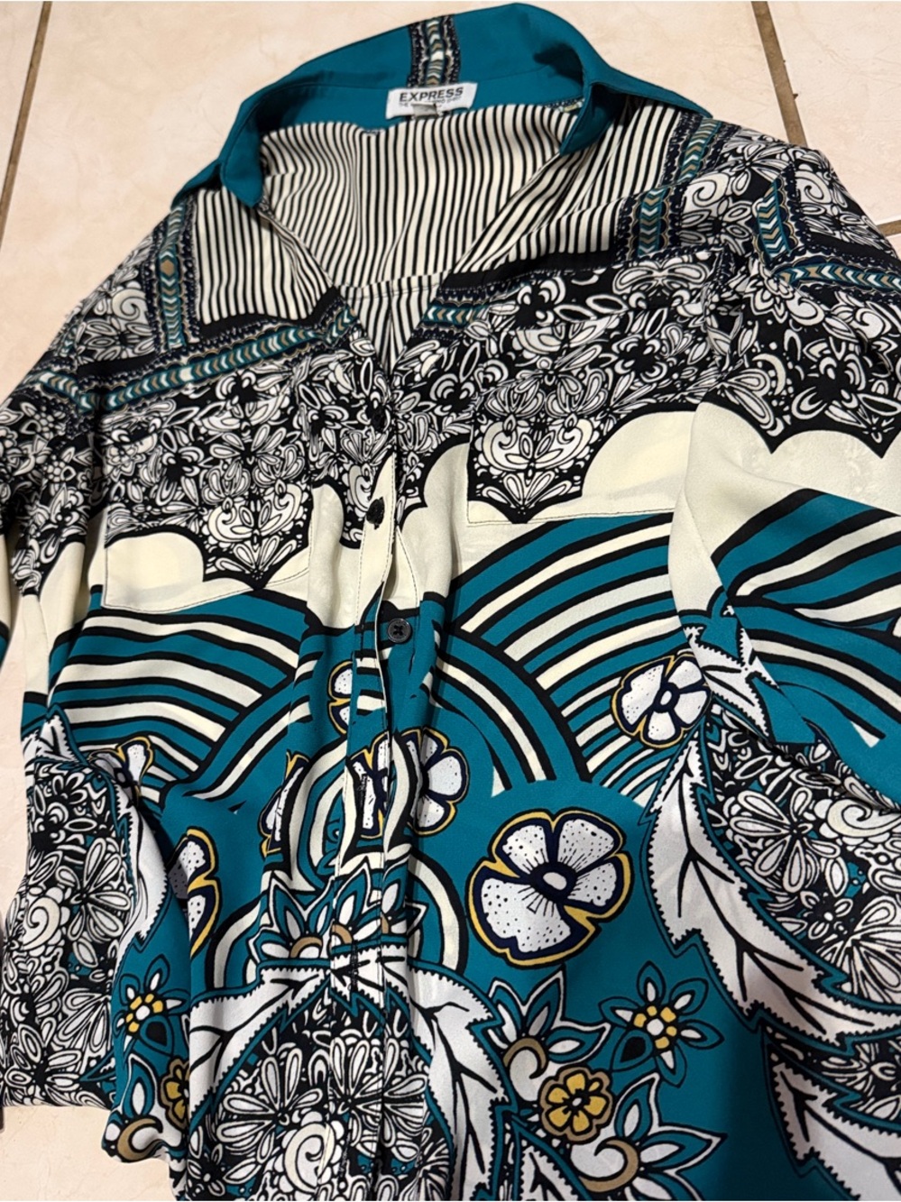 Express Teal, Black & White Printed Button-Up Blouse Jacket
